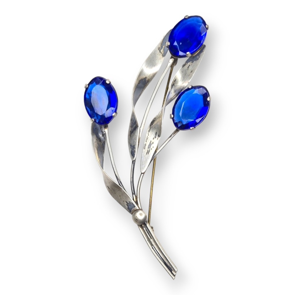 Vintage Brooch Pin Sterling Silver Large Blue Glass 1950s Floral Spray Statement